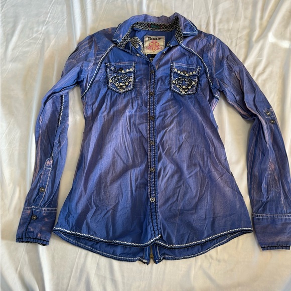 Roar Tops - 391 Roar Western Cowboy Top Blue Purple Embroidered Gem Shirt Large